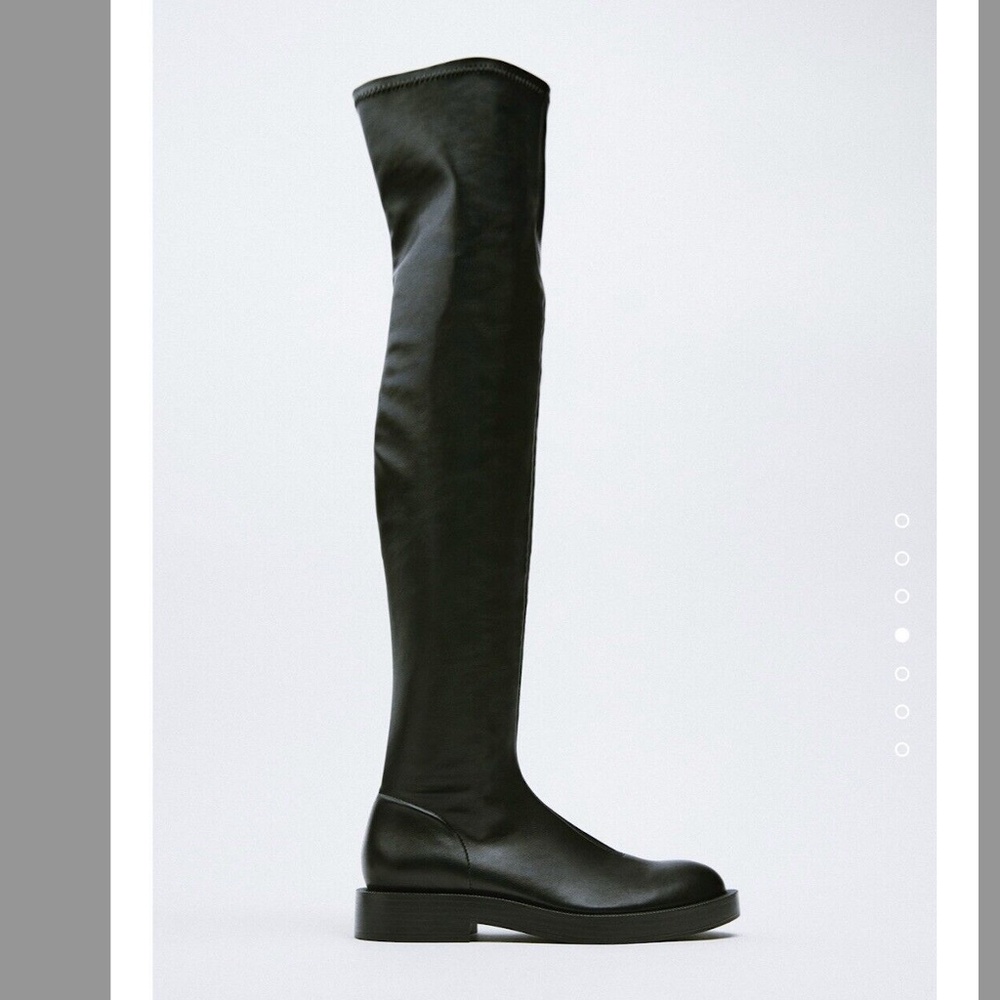 Zara Black Vegan Faux Leather Flat Tigh High Over Knee Boots 37